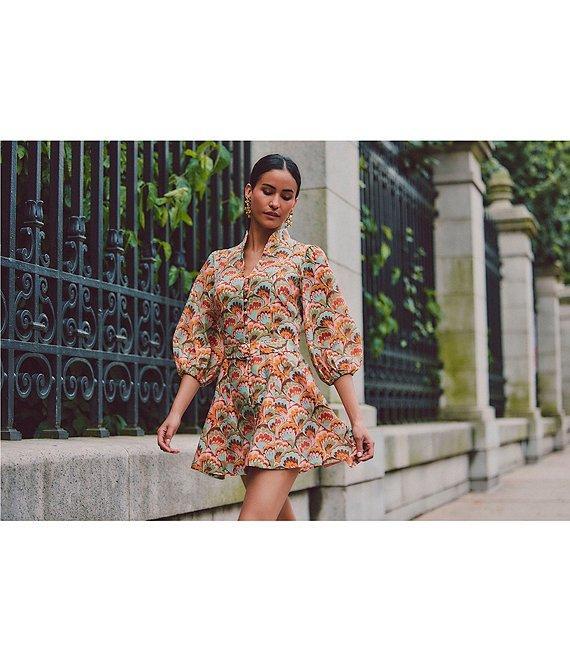 Mestiza New York Valencia Organza Fan Print Mandarin Collar Elbow Sleeve Dress Product Image