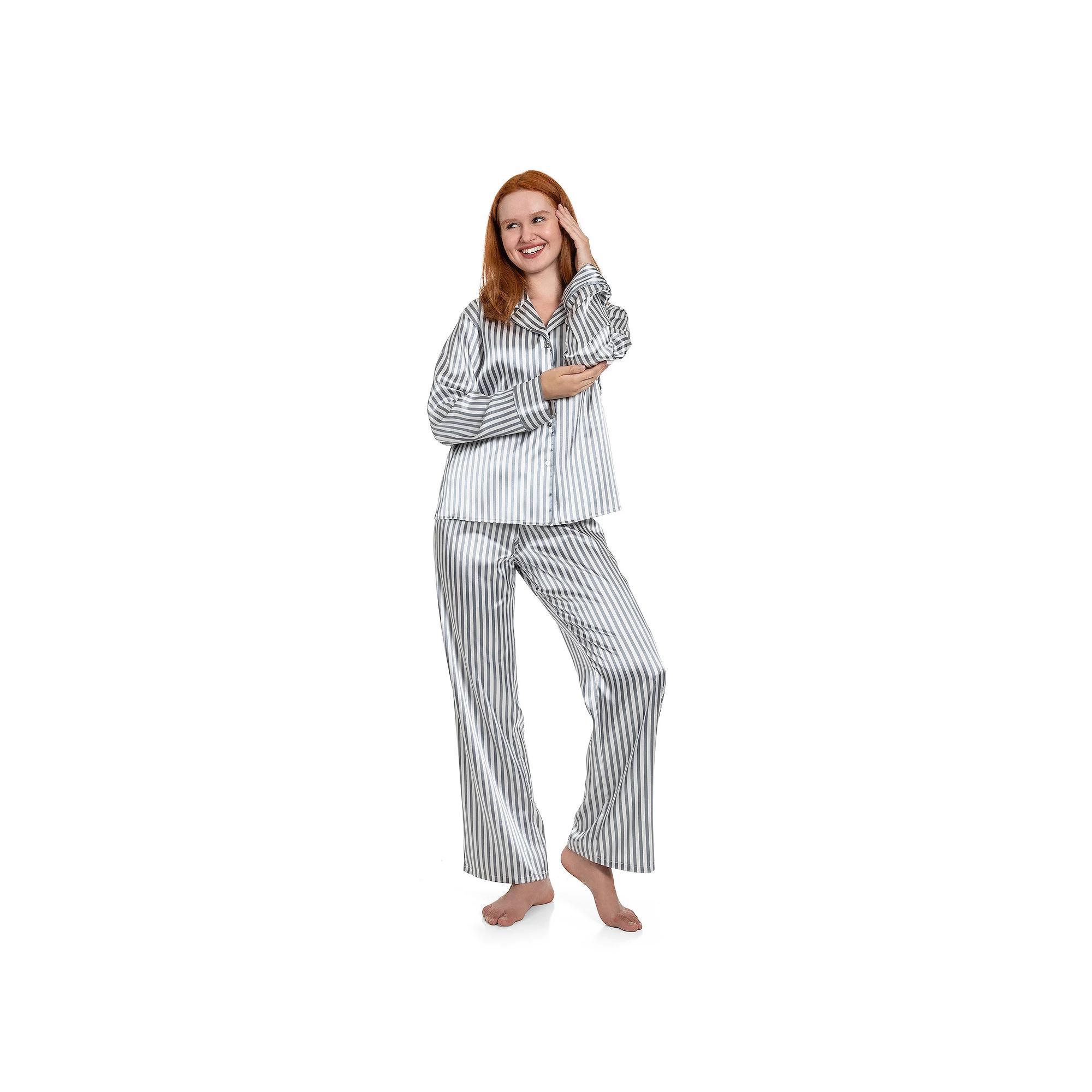 Women's Lilac+London Notch Collar Satin Pajama Top & Pajama Bottom Set, Size: XL, Ivory Pink Product Image