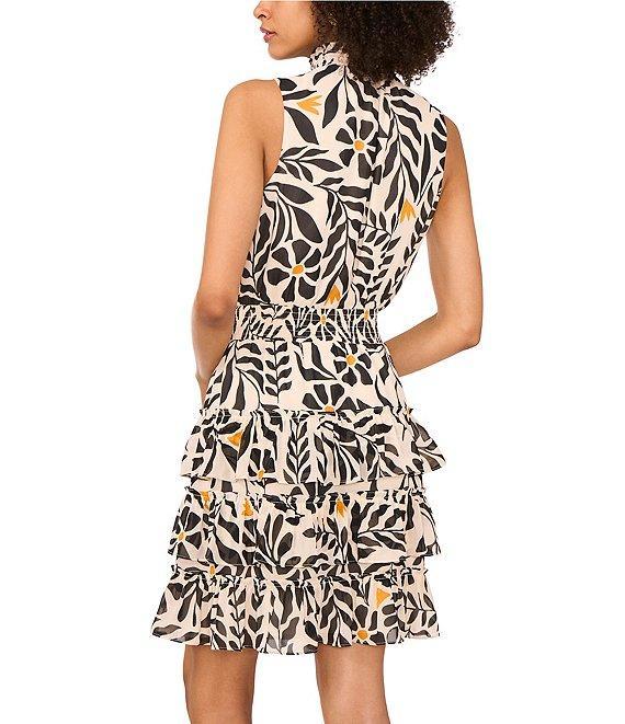 1. STATE Woven Sunflower Print Mock Neck Sleeveless Ruffle Tiered Dress Product Image