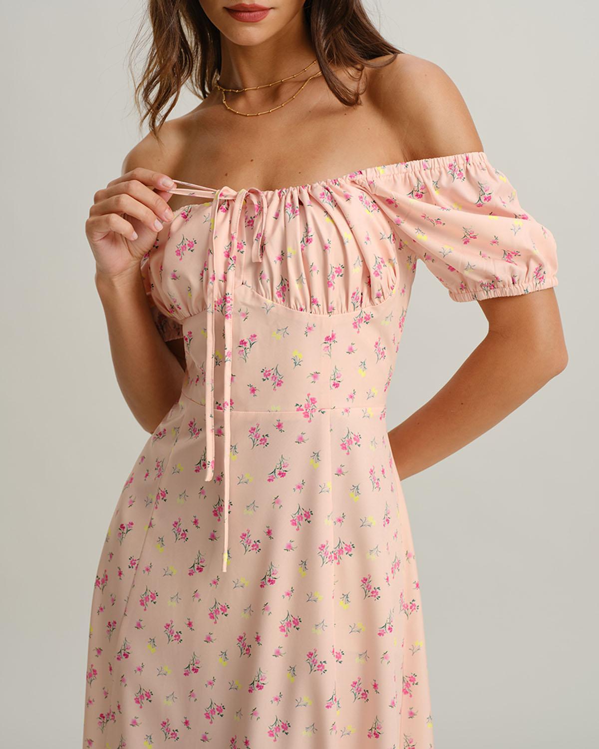 Pink Floral Square Neck Puffed Sleeve Midi Dress Product Image