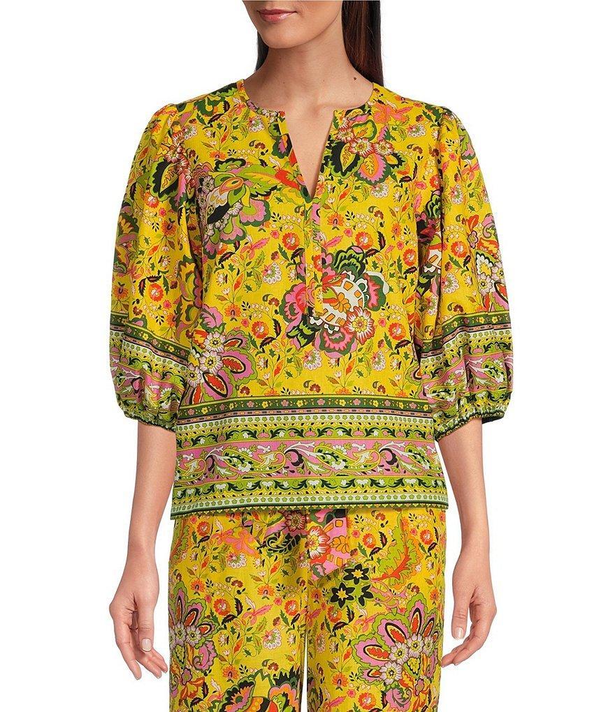 Gibson & Latimer Coordinating Floral Printed Split V-Neck 3/4 Puff Sleeve Top Product Image