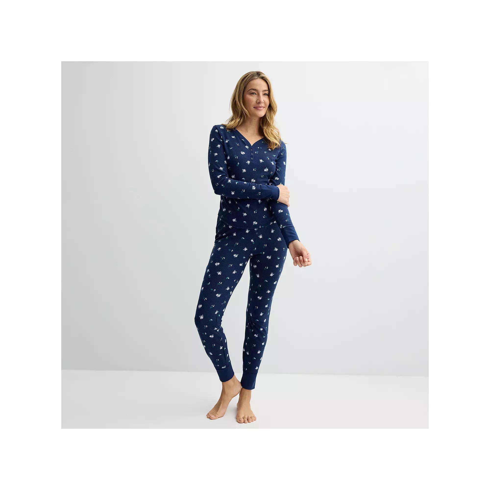 Womens Sonoma Goods For Life 2-pc. Thermal Pajama Top & Pajama Bottoms Set Blue Flowers Product Image