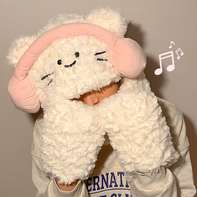 Cat Chenille Hooded Scarf with Mittens Product Image