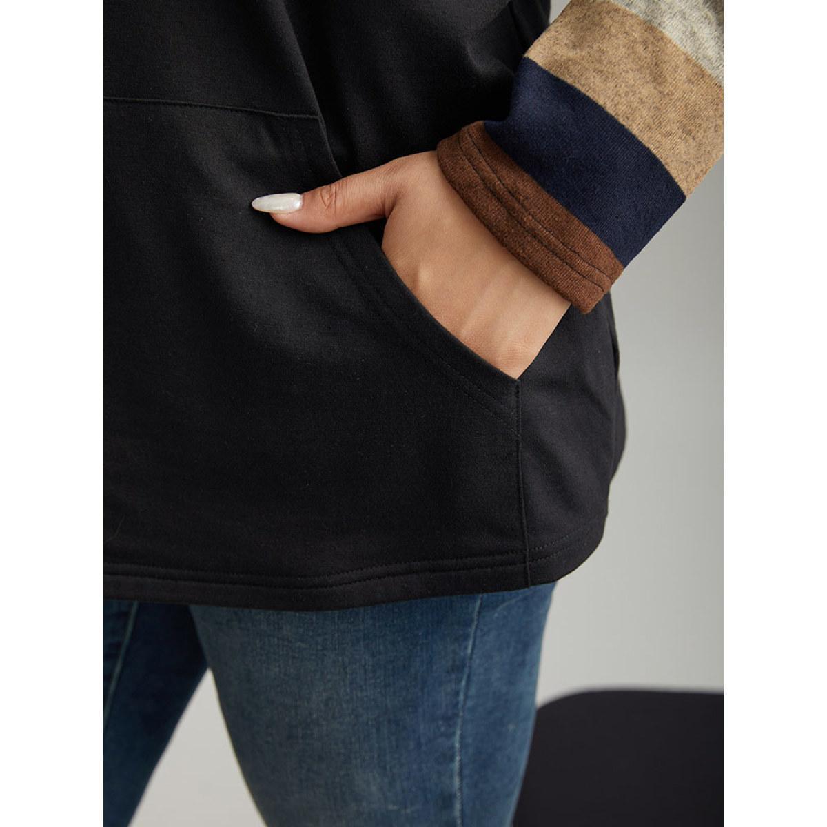 Plus Size Mock Neck Colour Striped Drawstring Sweatshirt Women Black Casual Patchwork Mock Neck Dailywear Sweatshirts BloomChic 26/4X Product Image