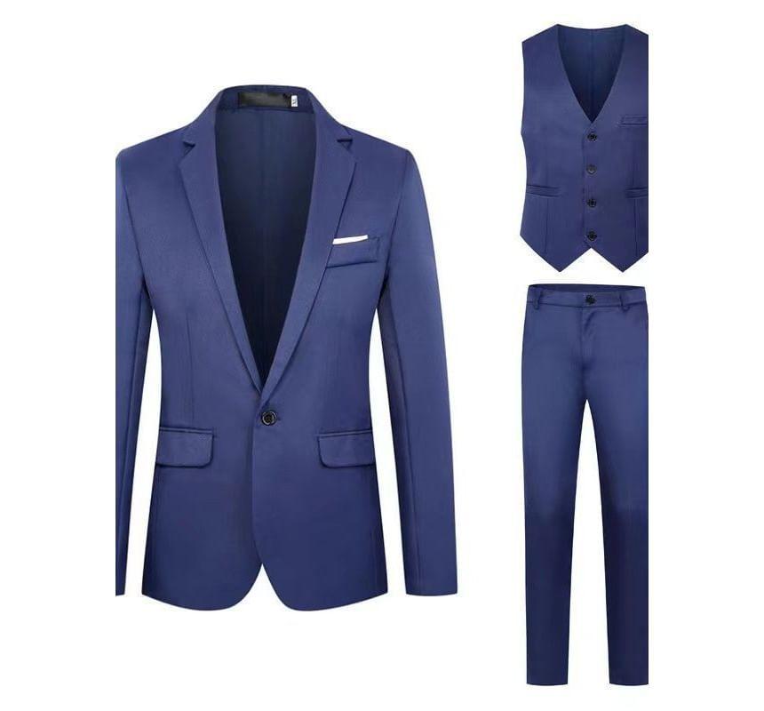 Set: Plain Single-Button Blazer + Single-Breasted Vest + High Waist Straight Leg Dress Pants Product Image