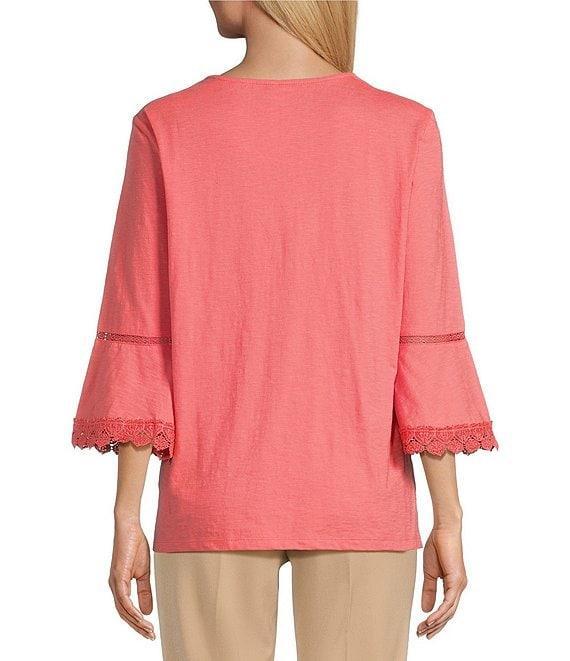 Allison Daley Petite Size Embroidered 3/4 Flare Sleeve Split V-Neck Sweater Product Image