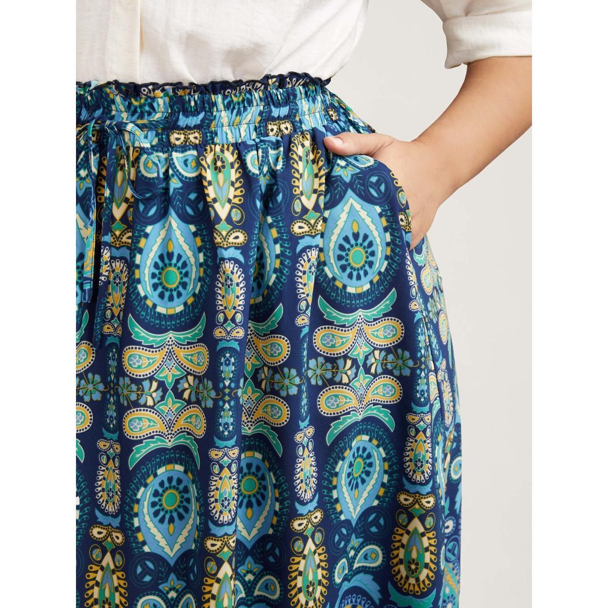 Plus Size Bohemian Floral Print Pleated Maxi Skirt Women Cerulean Resort Pleated Low stretch Slanted pocket Vacation Skirts BloomChic 10/M Product Image