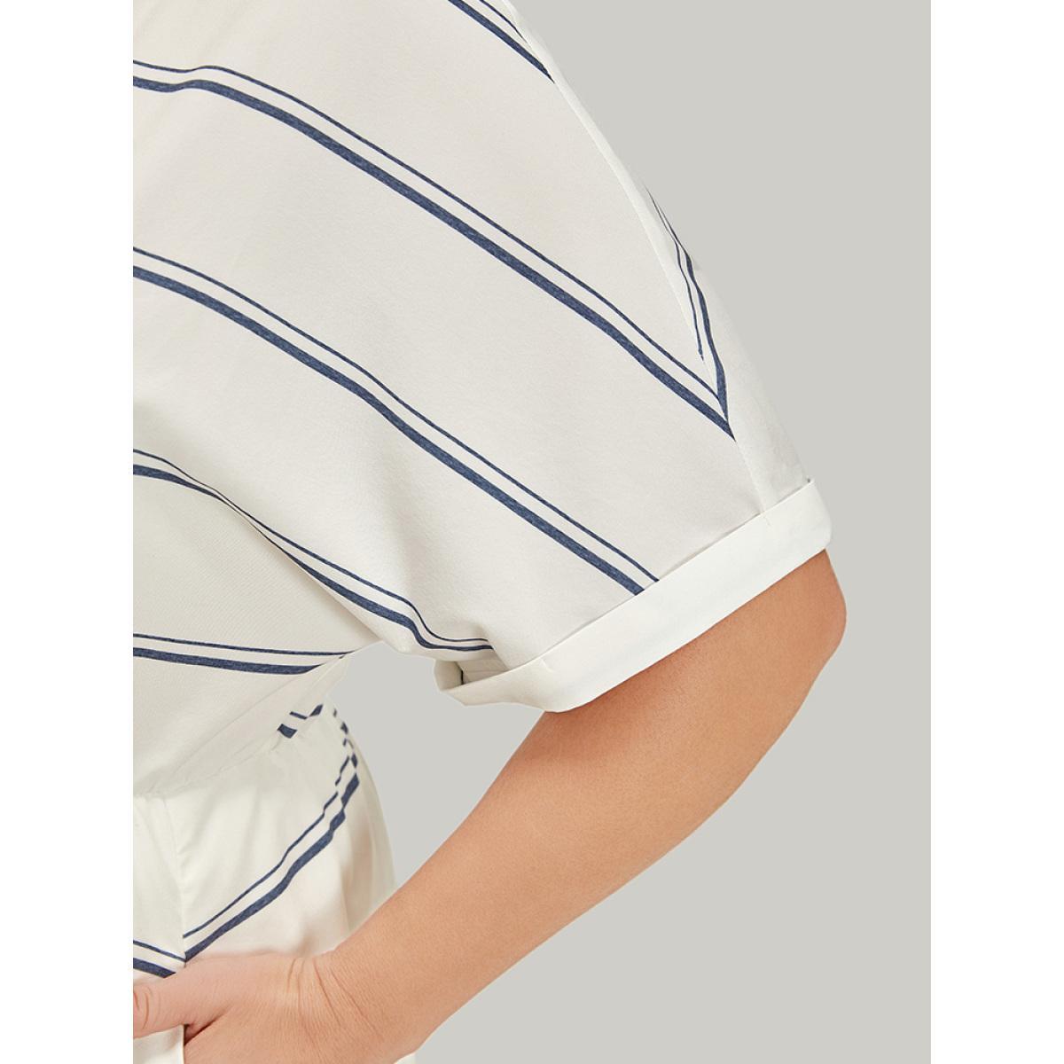 Plus Size Striped Notched Neck Pocket Roll Batwing Sleeve Dress White Women Office Lined Notched collar Short sleeve Curvy Midi Dress BloomChic 30/6X Product Image