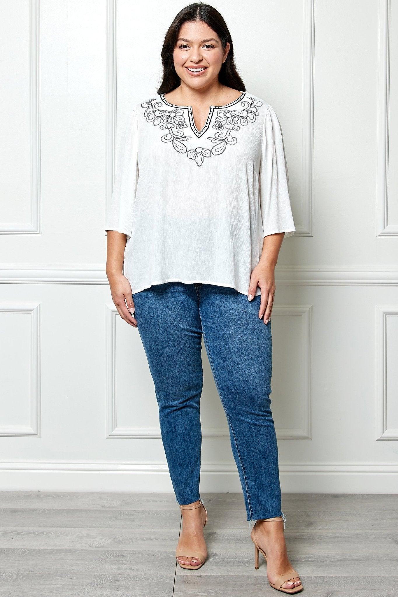 Roz & Ali 3/4 Sleeve Embroidered Top - Plus Female Product Image