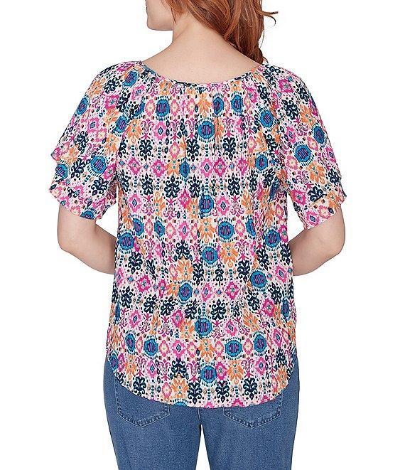 Ruby Rd. Diamond Ikat Abstract Print Gauze V-Neck Double Flounce Short Sleeve Blouse Product Image