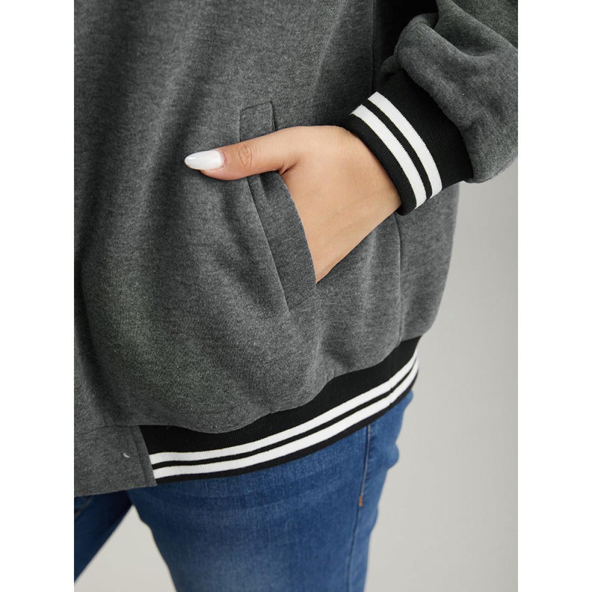 Plus Size Striped Patchwork Contrast Pocket Zipper Bomber Jacket Women DimGray Elastic cuffs Pocket Dailywear Jackets BloomChic 26/4X Product Image