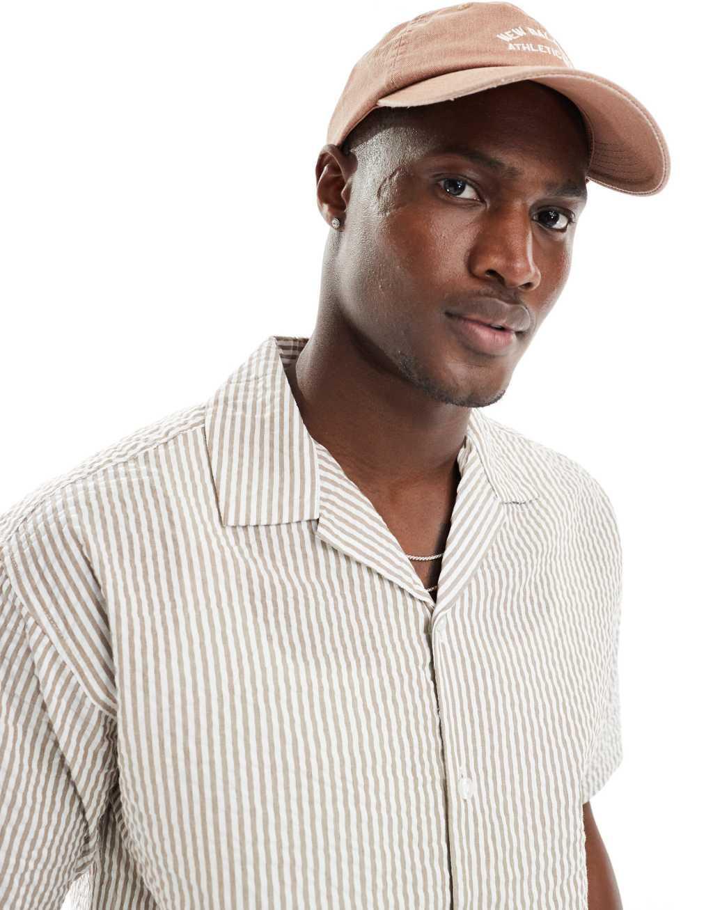 Jack & Jones seersucker shirt with revere collar in beige Product Image