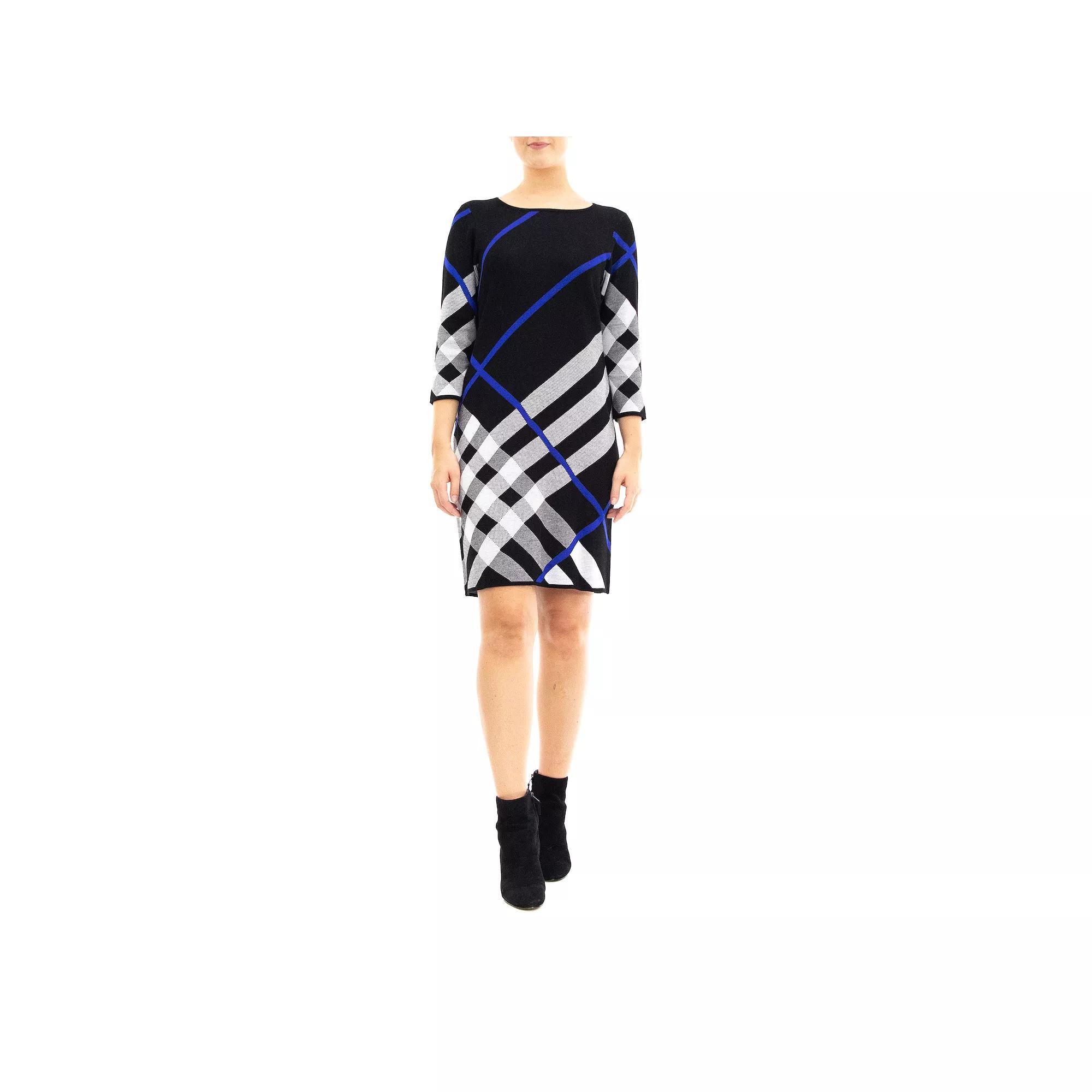 Women's Nina Leonard Oversize Plaid Sweater Dress, Size: XL, Black Deep Blue Wh Product Image