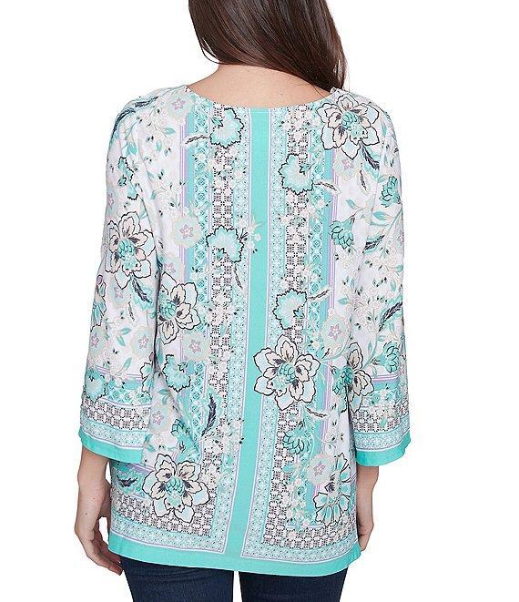 Ruby Rd. Crepe Knit Printed Lace Trim V-Neck 3/4 Sleeve Top Product Image