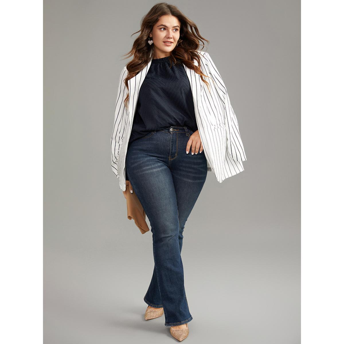 Plus Size Midnight Plain Patchwork Mesh Shirred Frill Trim Blouse Women Office Long Sleeve Round Neck Work Blouses BloomChic 22-24/3X Product Image