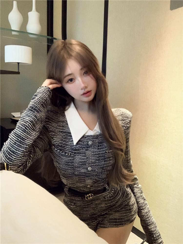 Long-Sleeve Contrast Collar Button Romper Product Image