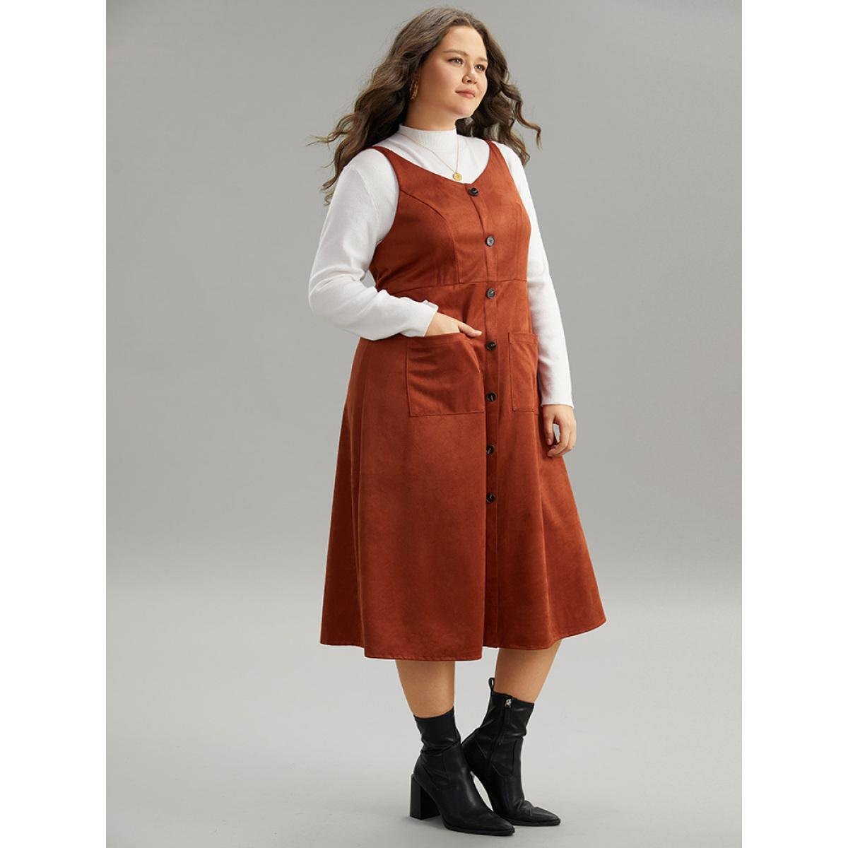 Plus Size Faux Suede Button Detail Patched Pocket Cami Dress Rust Women Elegant Adjustable Straps Spaghetti Strap Sleeveless Curvy Midi Dress BloomChic 14-16/1X Product Image