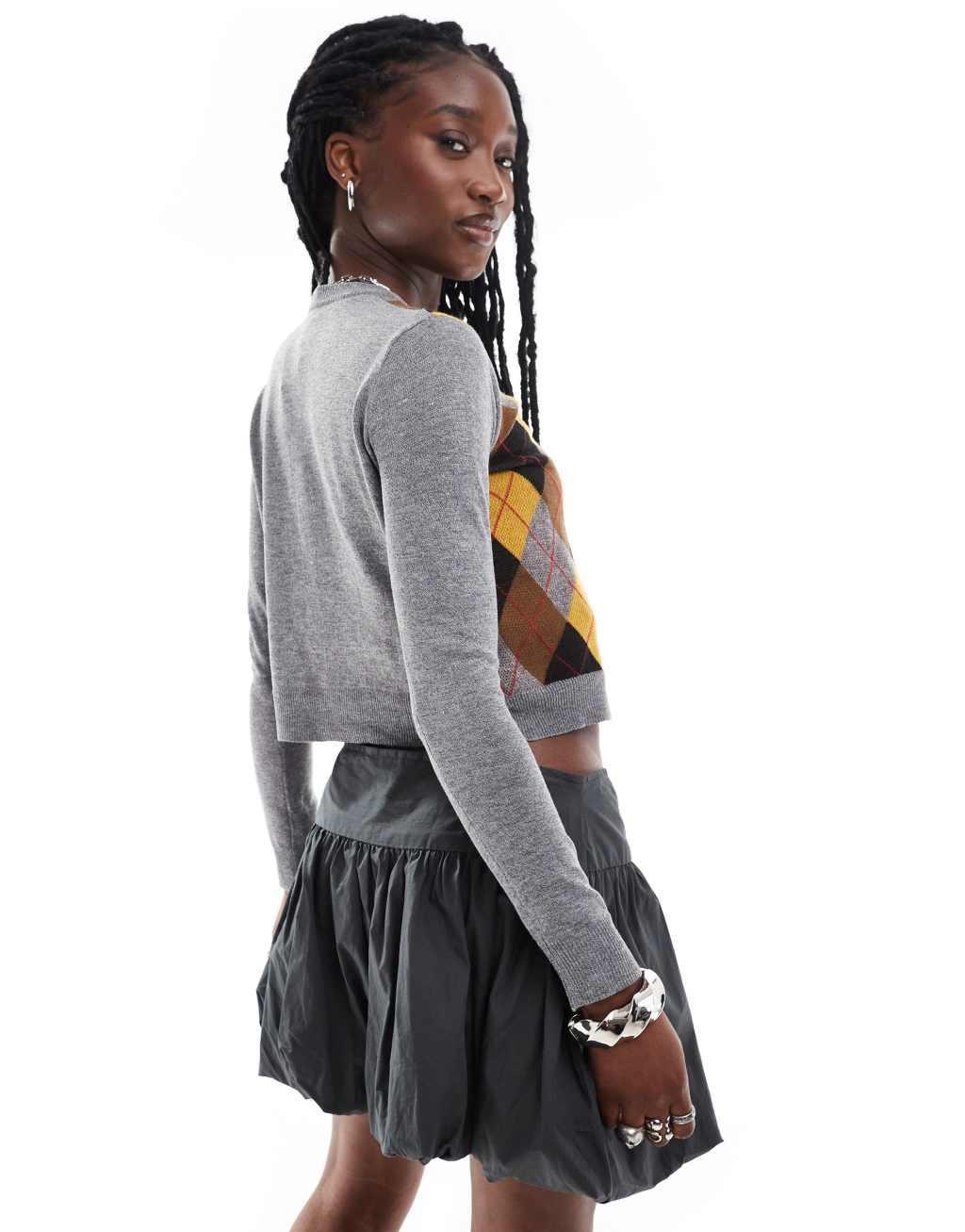 Daisy Street gray heather cardigan with harlequin pattern front panel Product Image