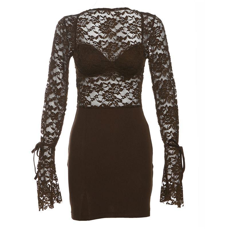Bell Sleeve Square-Neck Plain Lace Panel See-Through Mini Bodycon Dress Product Image
