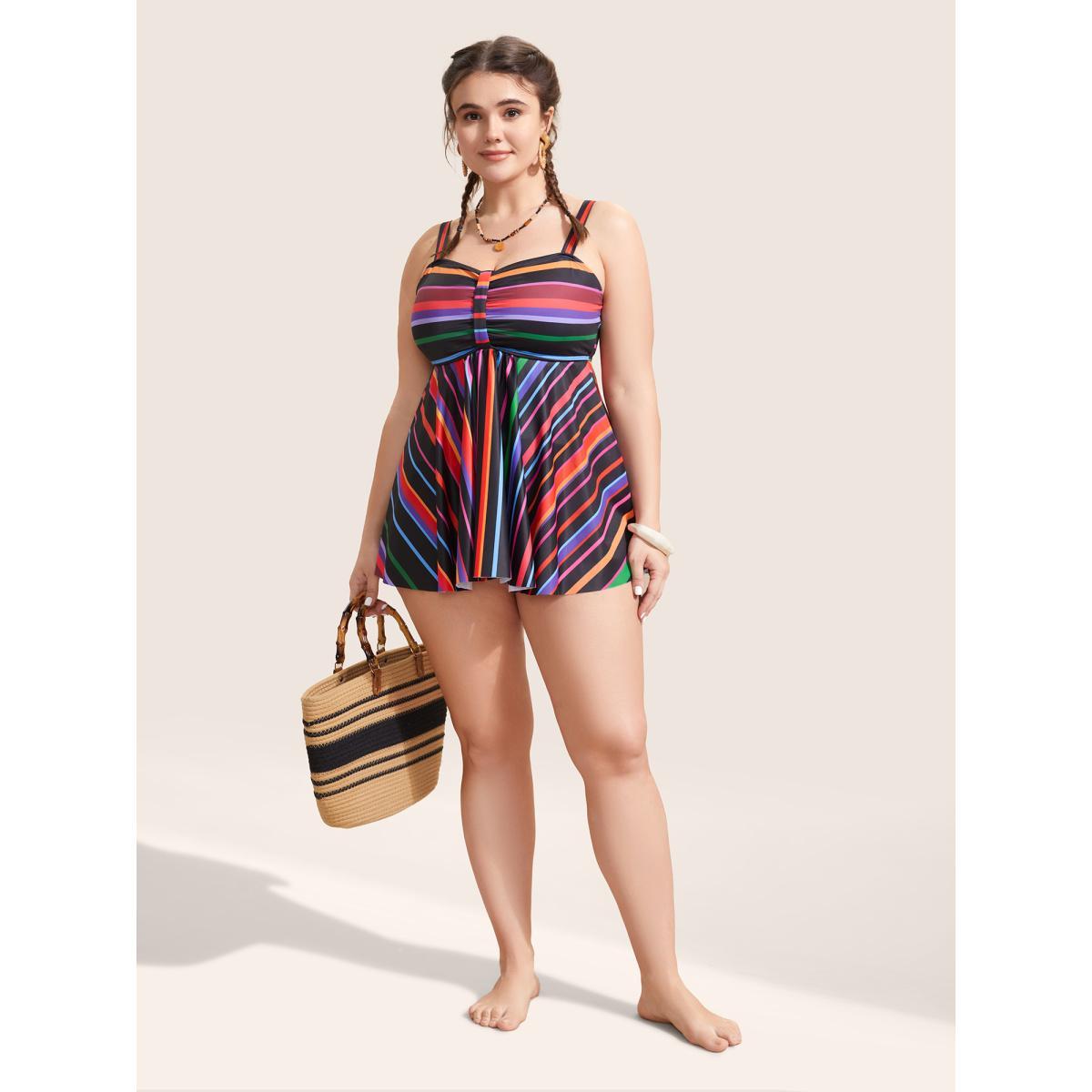Plus Size Heart Neckline Striped Contrast Gathered Swim Top Women's Swimwear Black Beach Gathered High stretch Bodycon Heart neckline Curve Swim Tops BloomChic 30/6X Product Image