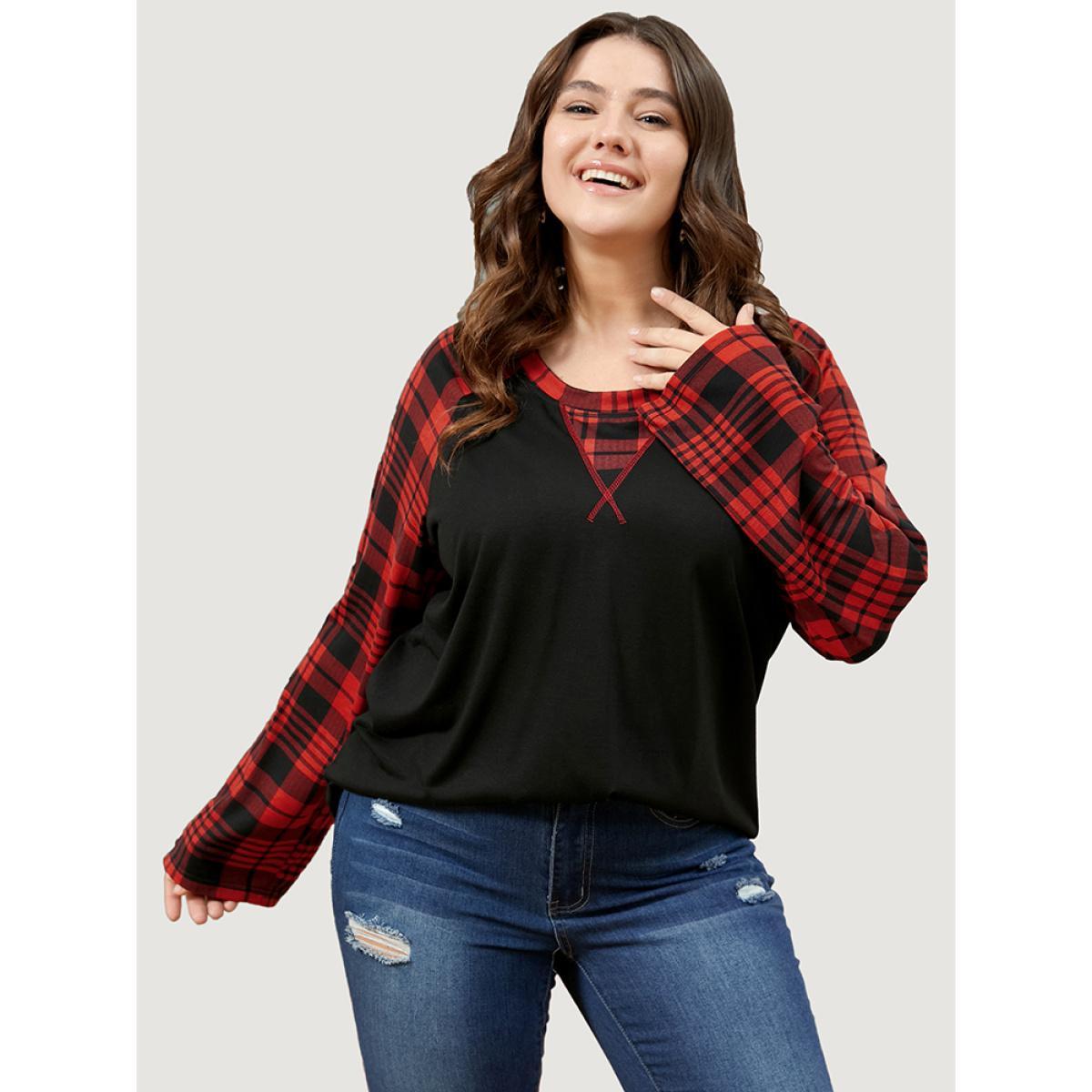 Plus Size Plaid Patchwork Bell Sleeve Long Tee Black Women Casual Contrast Plaid Round Neck Dailywear T-shirts BloomChic 22-24/3X Product Image