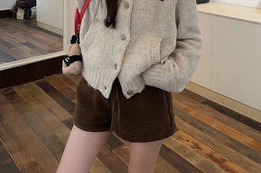 Embroidered Button-Up Cardigan / Fleece Shorts Product Image