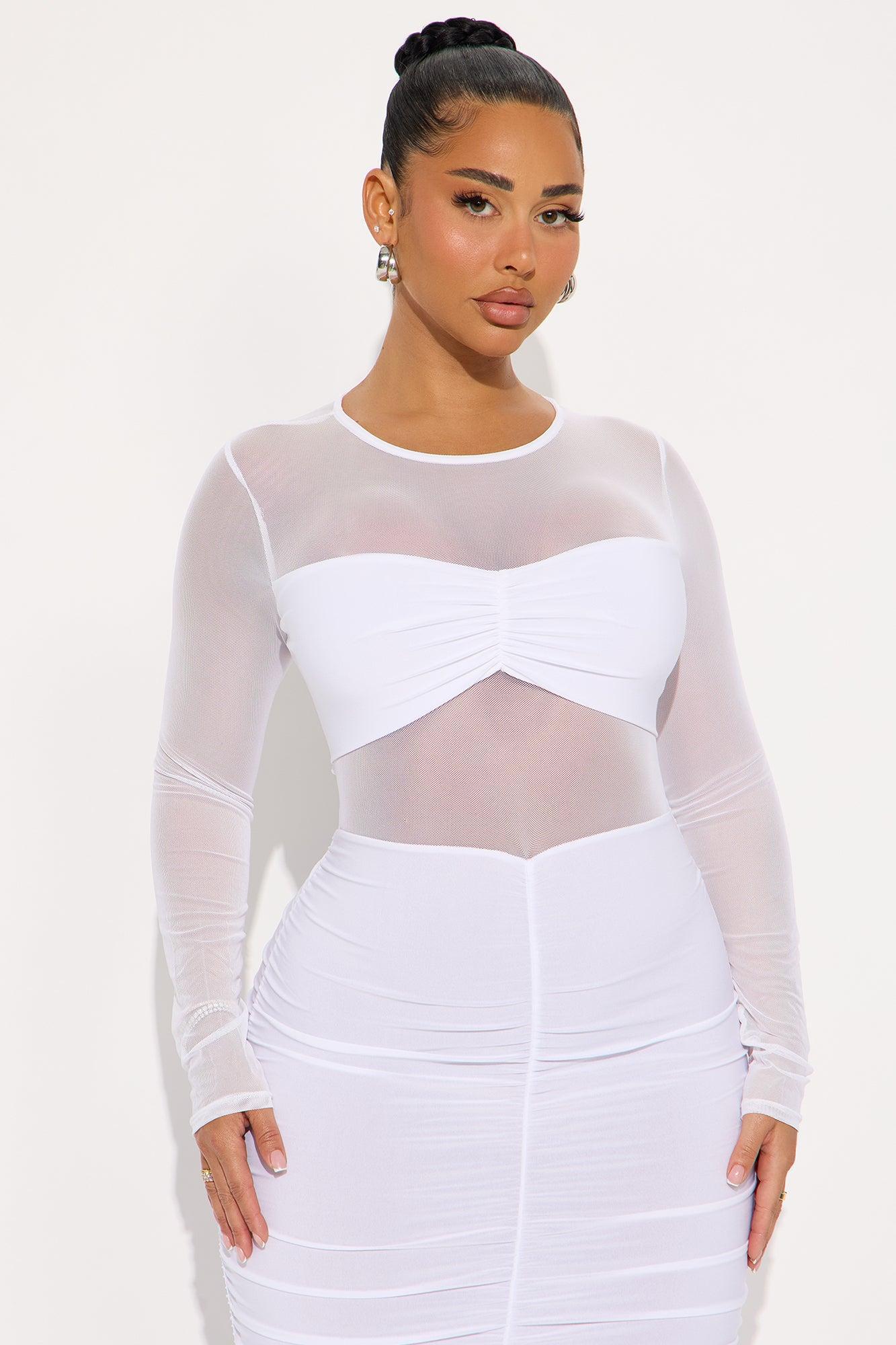 Miss Me Mesh Ruched Midi Dress - White Product Image
