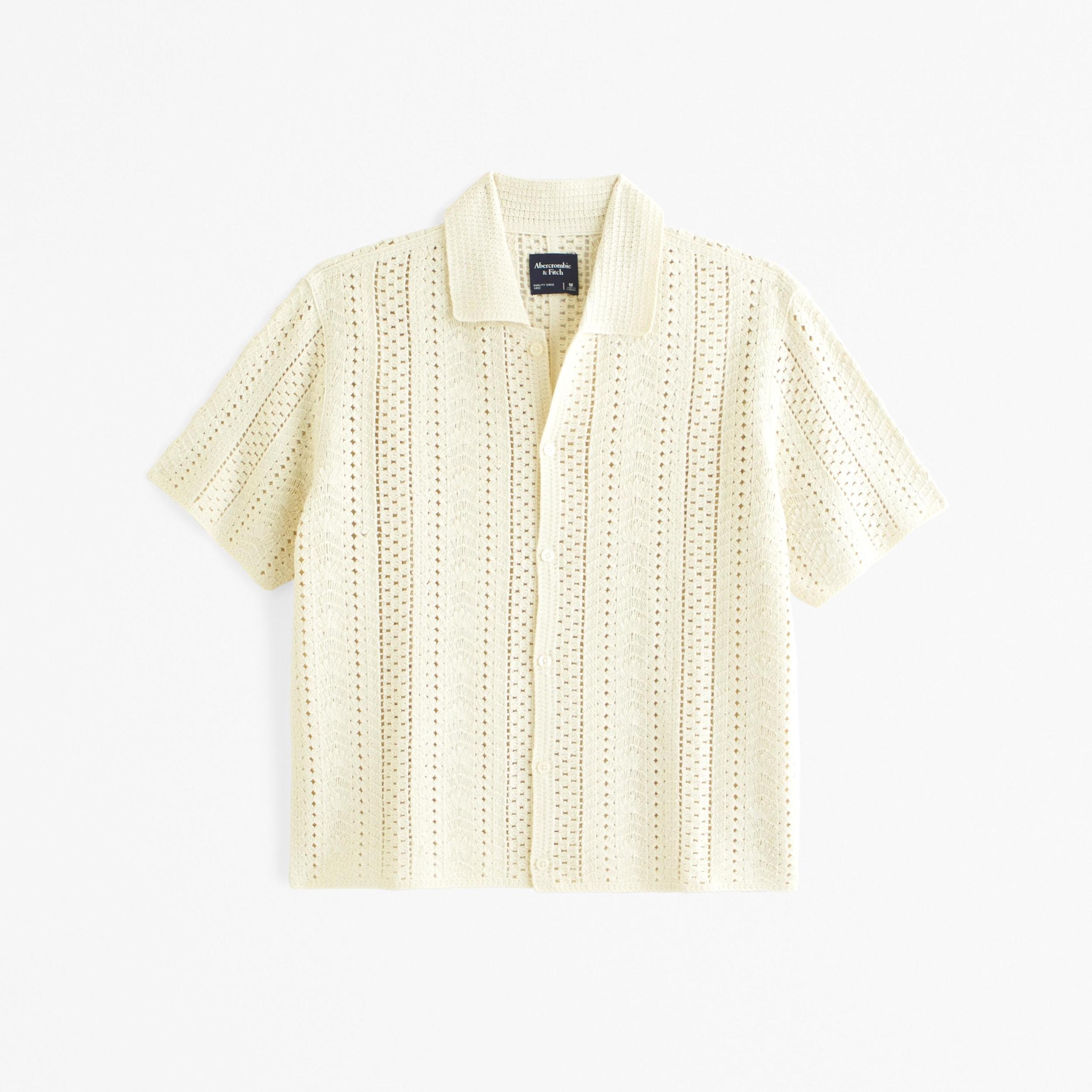 Crochet-Style Geometric Pattern Button-Through Sweater Polo Product Image