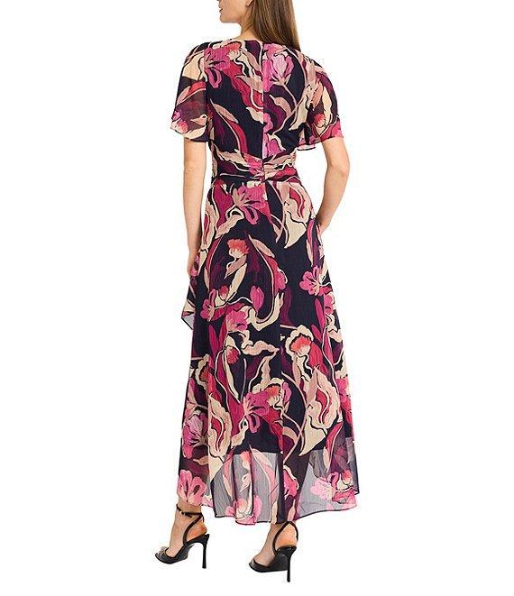 Maggy London Floral Yoryu Surplice V-Neck Flutter Sleeves Front Twist Midi Dress Product Image