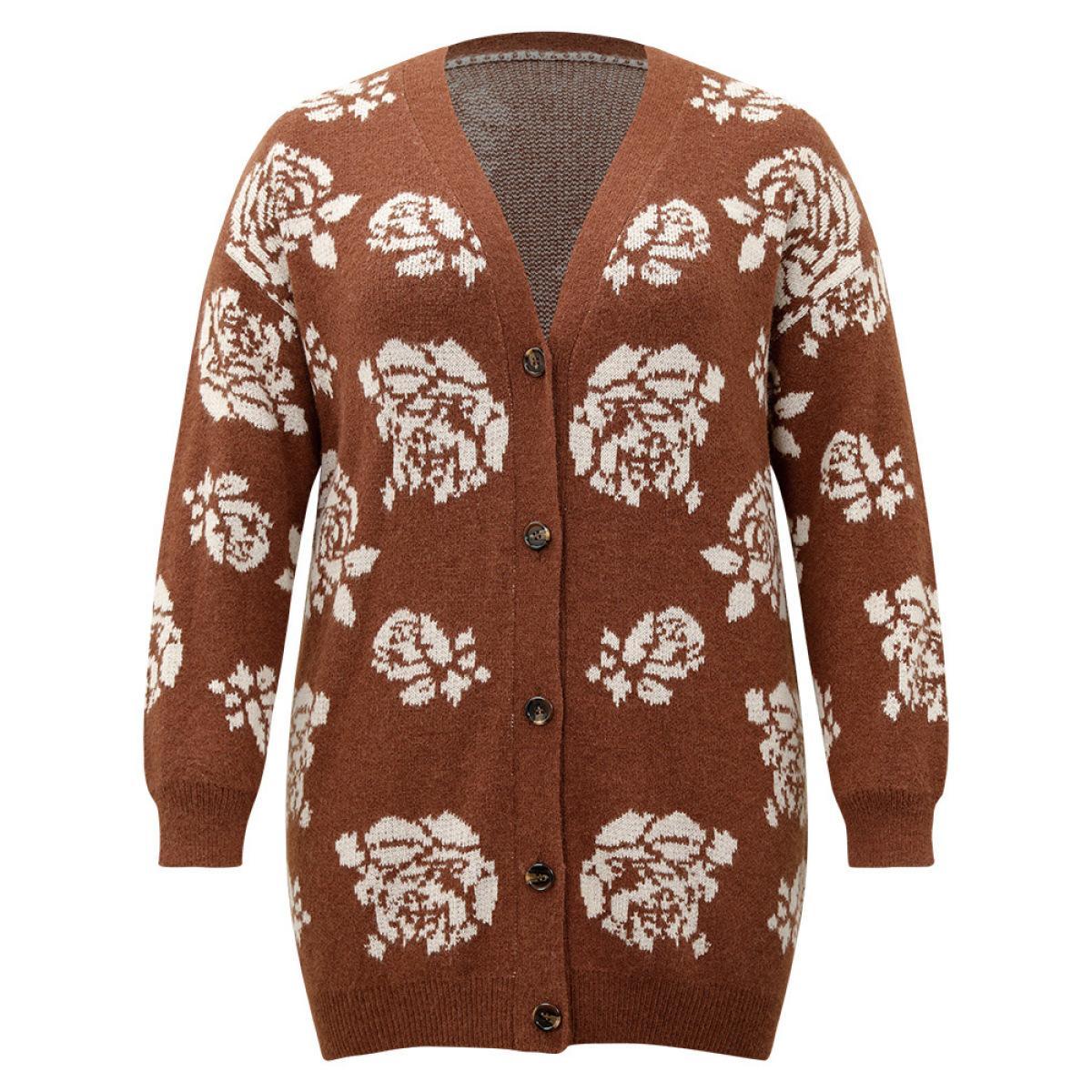 Plus Size Anti-Pilling Floral Print Drop Shoulder Cardigan Chocolate Women Casual Loose Long Sleeve Dailywear Cardigans BloomChic 10/M Product Image