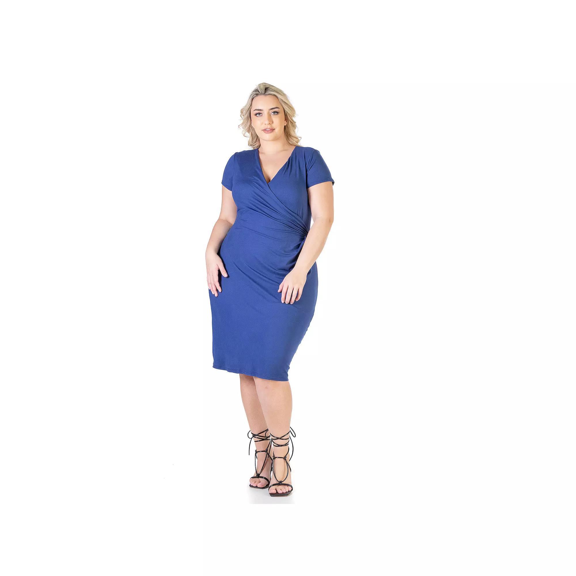 Plus Size 24seven Comfort Apparel Short Sleeve V-Neck Faux Wrap Dress, Women's, Size: 1XL, Blue Product Image
