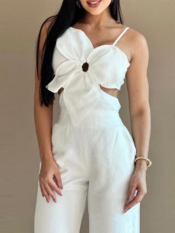 Bodycon High Waisted Elasticity Flower Shape Hollow Pockets Solid Color Tied Spaghetti-Neck Jumpsuits Product Image