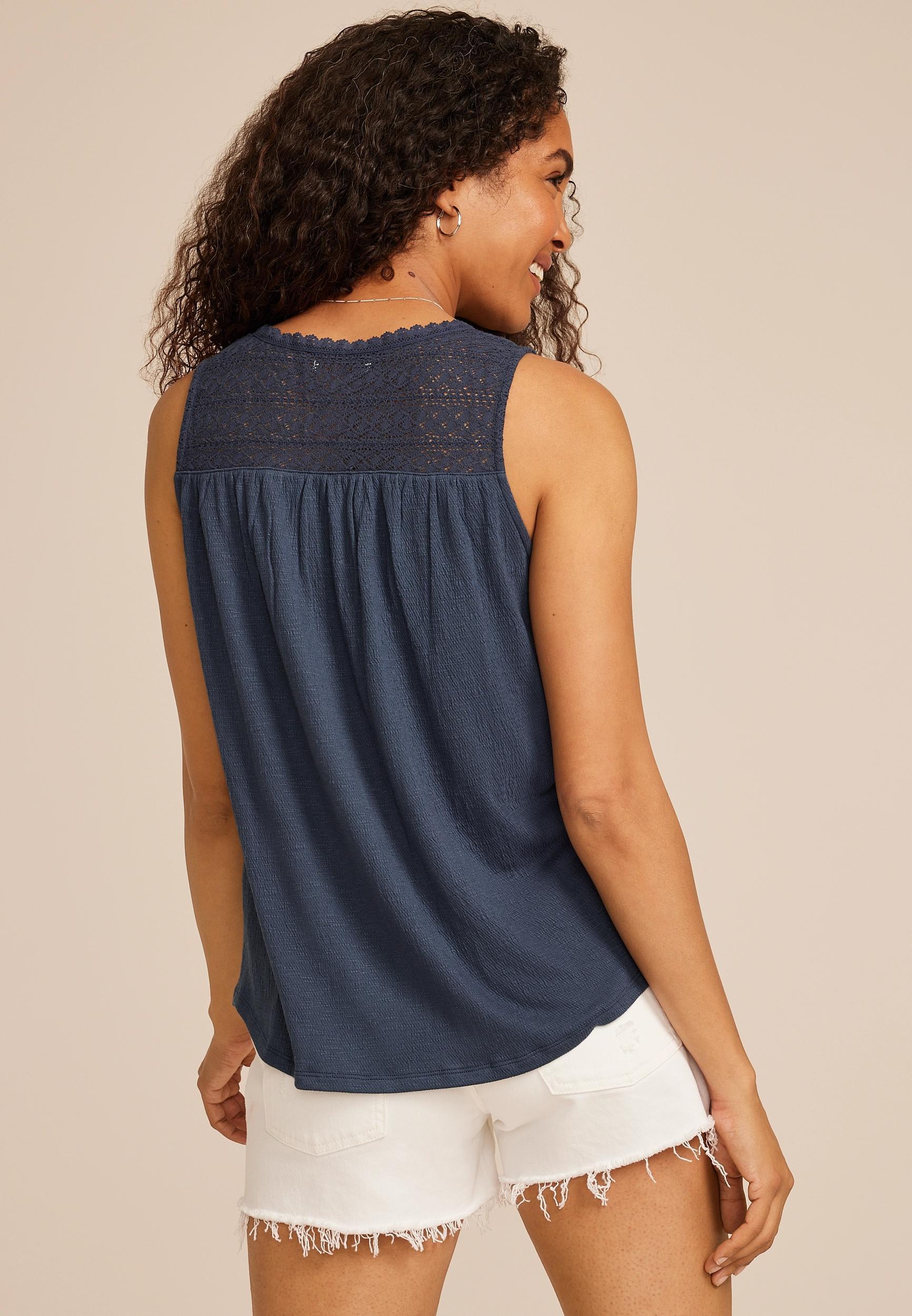 Embroidered Lace Yoke Henley Tank Top Product Image