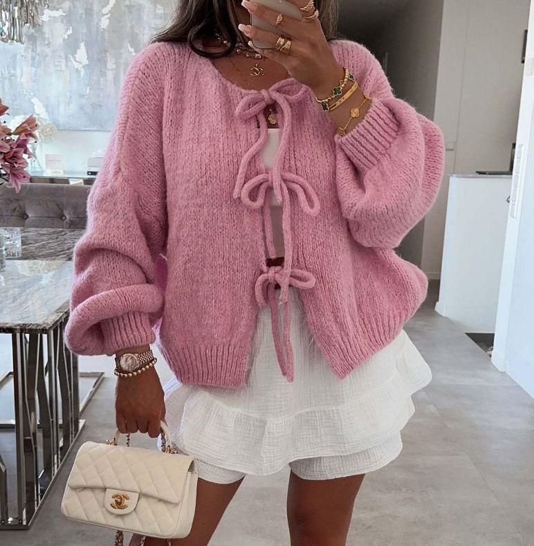 Round Neck Plain Bowknot Cardigan Product Image