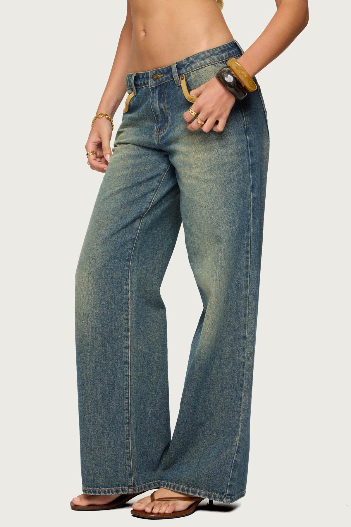 Faux Suede Star Low Rise Jeans Product Image
