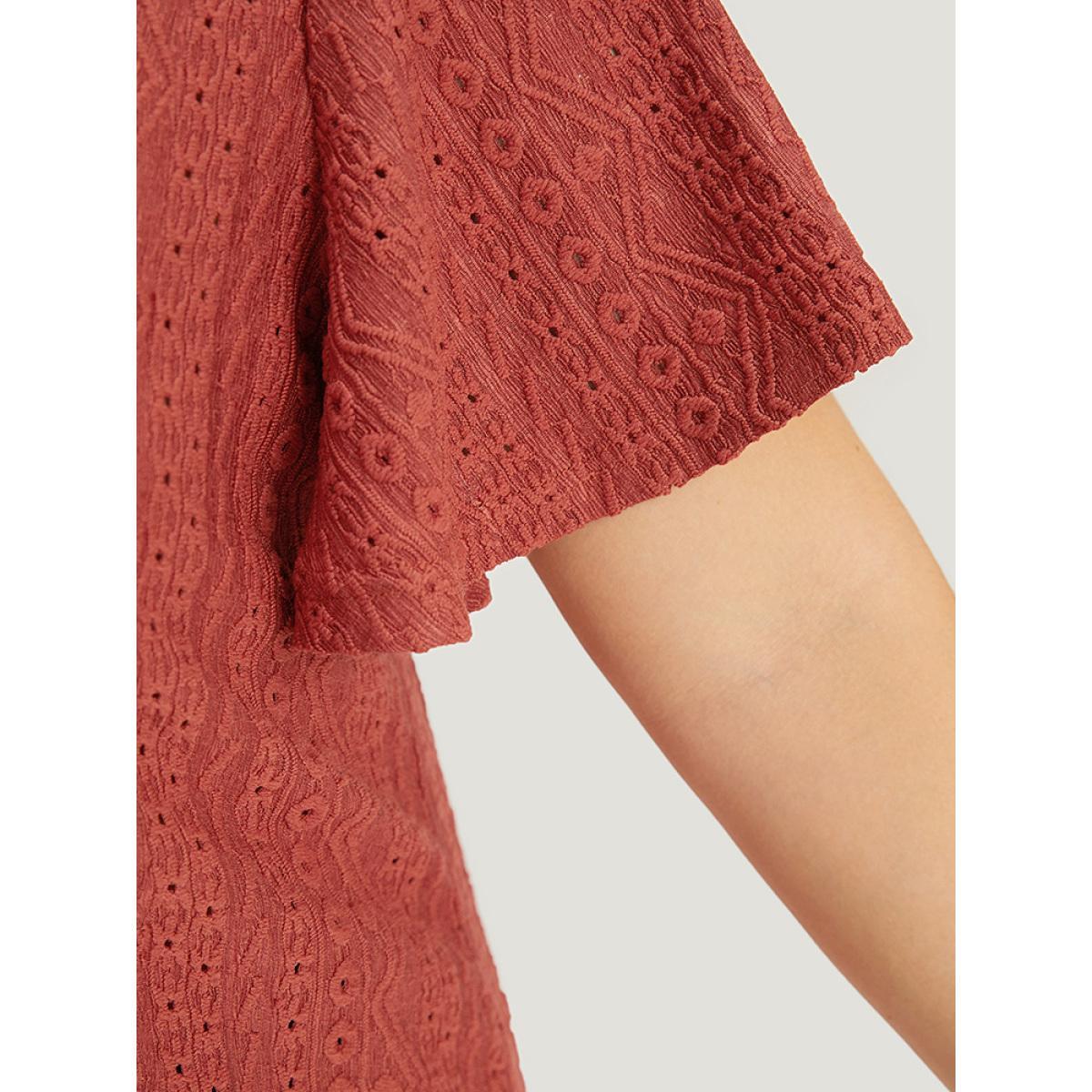 Plus Size Embroidered Button Detail Crew Neck Flutter Sleeve T-shirt Rust Women Elegant Texture Plain Round Neck Dailywear T-shirts BloomChic 26/4X Product Image