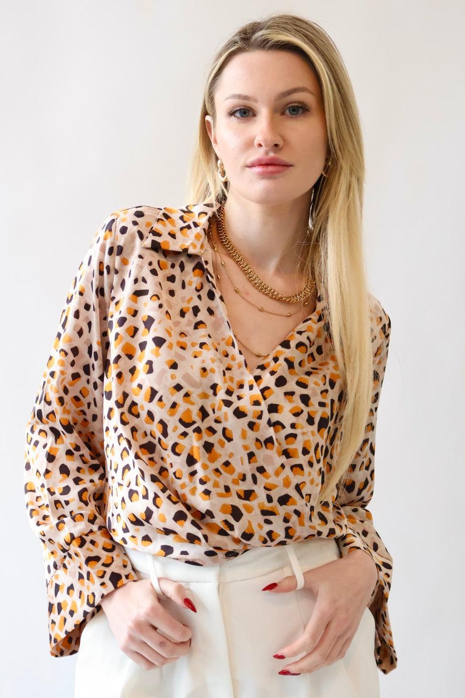 Collared Cross Front Satin Animal Print Blouse Product Image