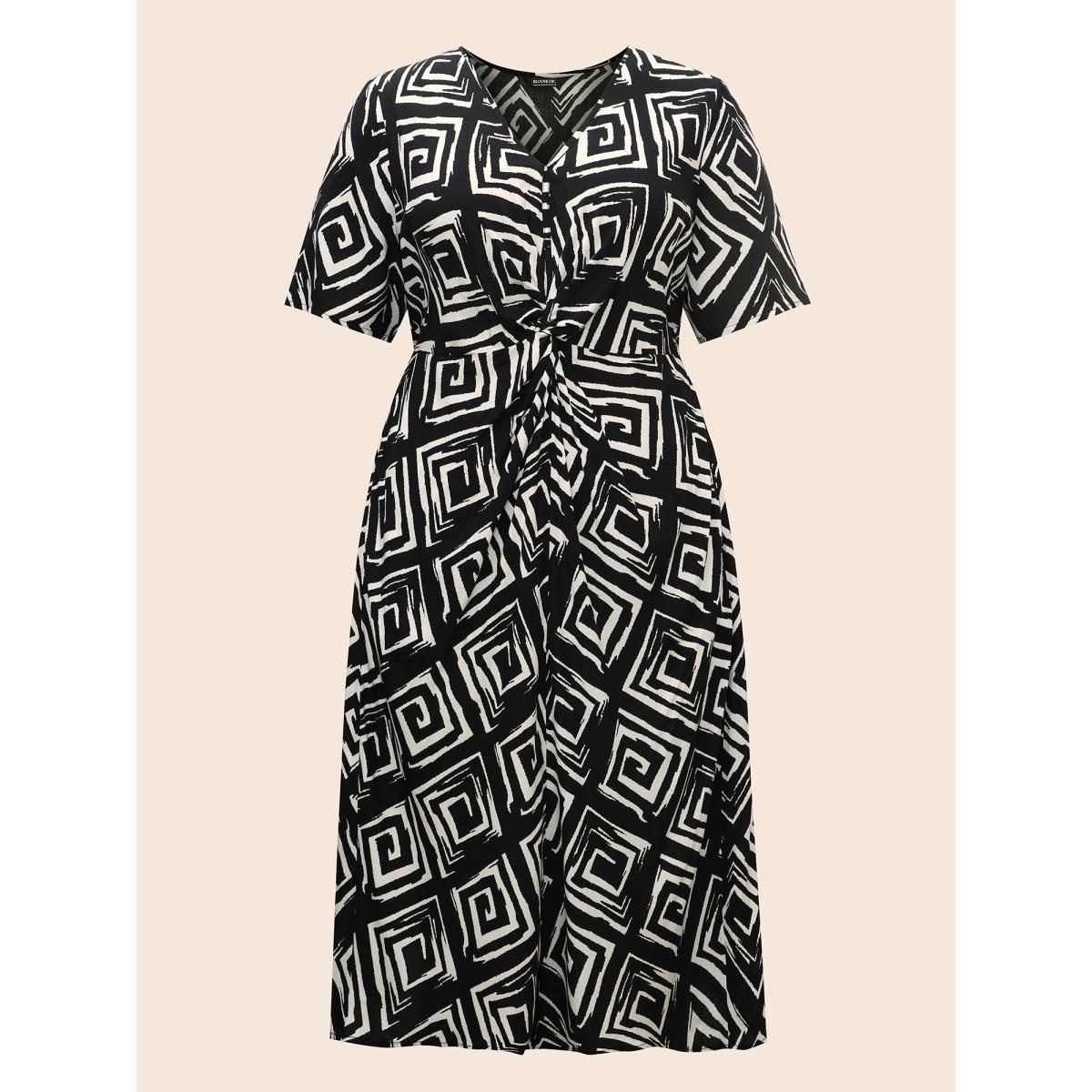 Plus Size Geometric Twist Front Midi Dress Black Women At the Office Twist V-neck Short sleeve Curvy BloomChic 22-24/3X Product Image