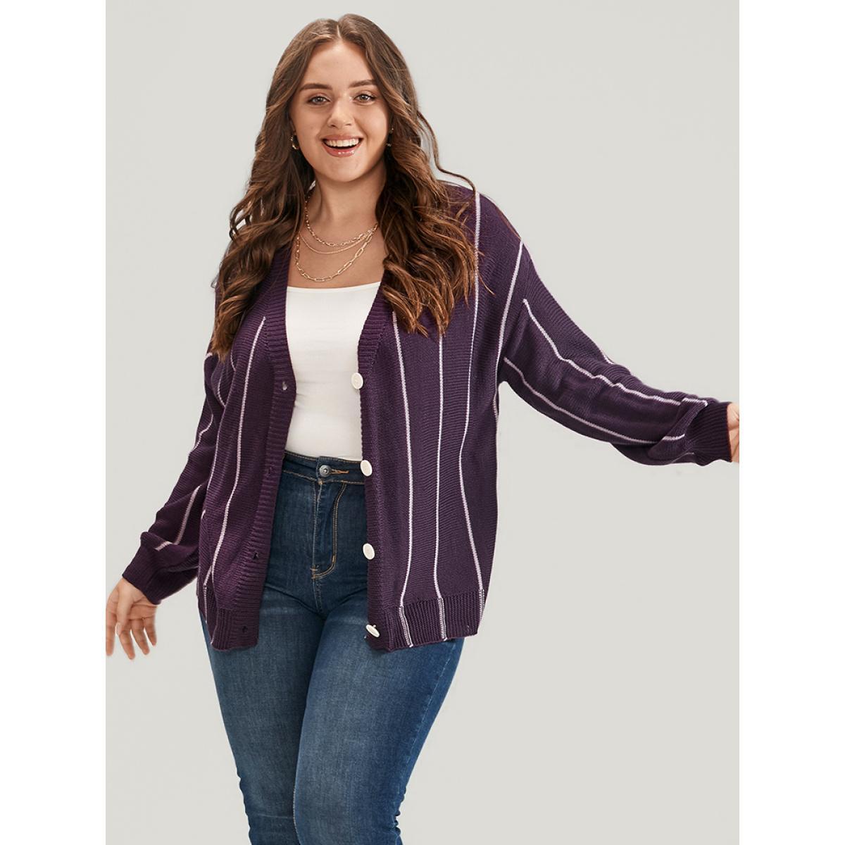 Plus Size Vertical Striped Contrast Pointelle Knit Lantern Sleeve Button Front Cardigan Eggplant Women Casual Loose Long Sleeve Dailywear Cardigans BloomChic 22-24/3X Product Image
