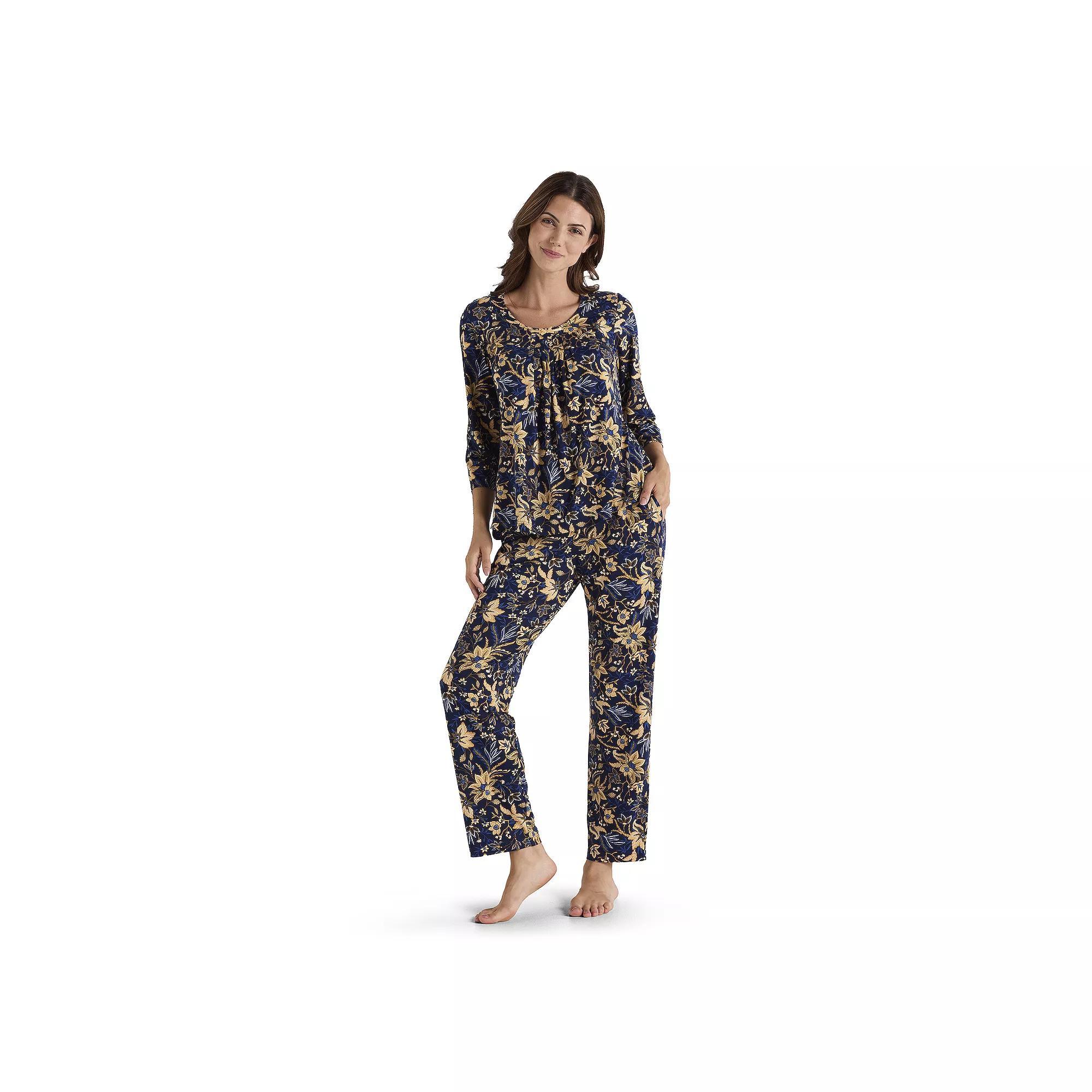 Women's Miss Elaine Essentials Micro Velvet Pajama, Size: Small, Navy Gold Floral Product Image