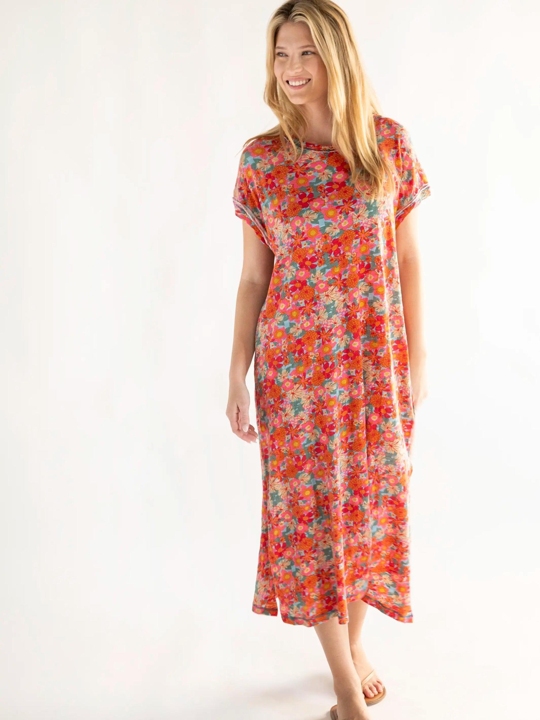 Frankie Knit Cotton Tee Midi Dress - Pink Red Floral Product Image