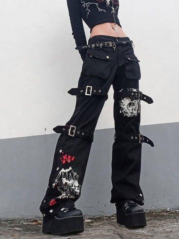 Buckle Strap Printed Cargo Jeans Product Image