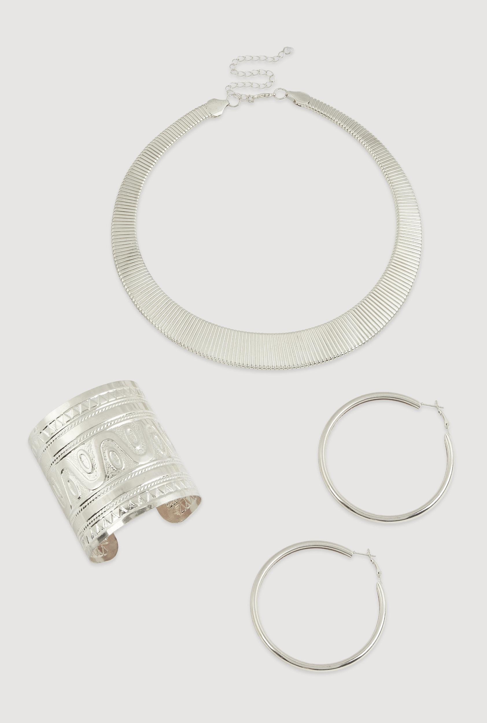 Metallic Hoop Earrings and Choker Necklace with Cuff Bracelet 3 Piece Set Unisex Product Image