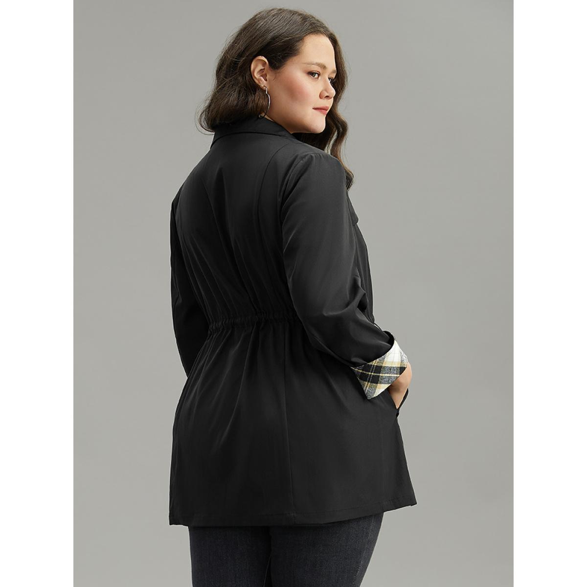 Plus Size Wind-Resistant Plaid Patchwork Drawstring Zipper Coat Women Black Contrast Pocket Dailywear Jackets BloomChic 26/4X Product Image