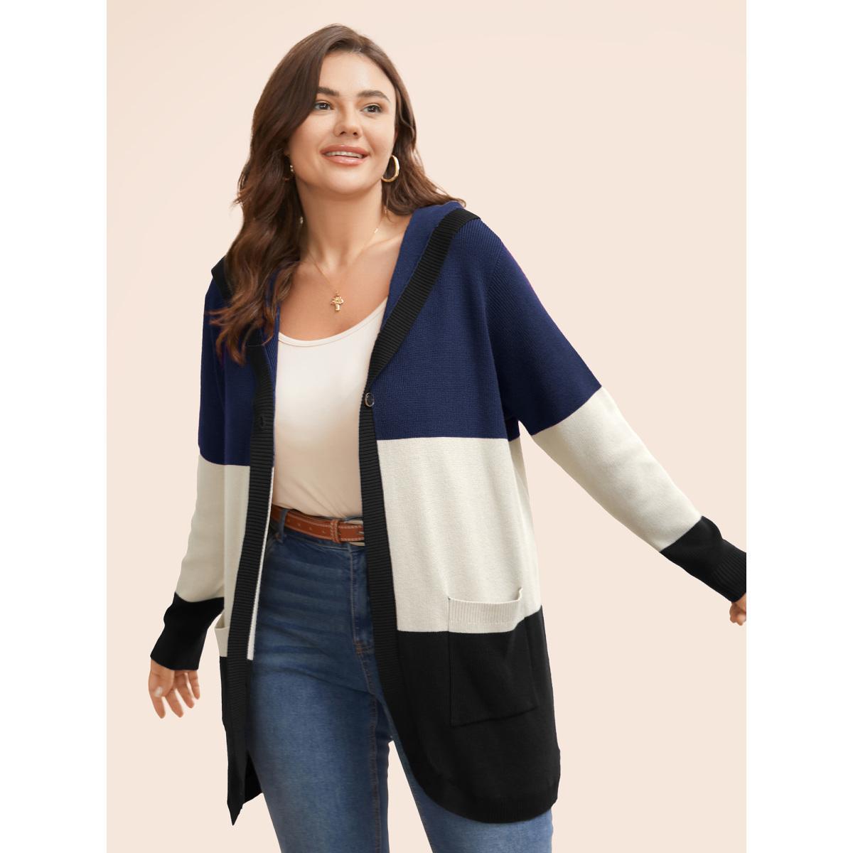 Plus Size Colorblock Contrast Patched Pocket Hooded Cardigan Navy Women Casual Loose Long Sleeve Everyday Cardigans BloomChic 12/L Product Image