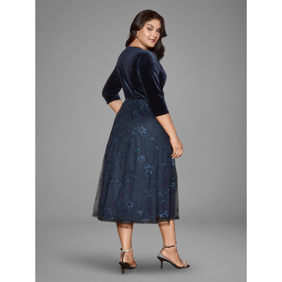 Plus Size Velvet Star Mesh Surplice Neckline Midi Dress DarkBlue Women Cocktail Texture Party Curvy Bloomchic 26/4X Product Image