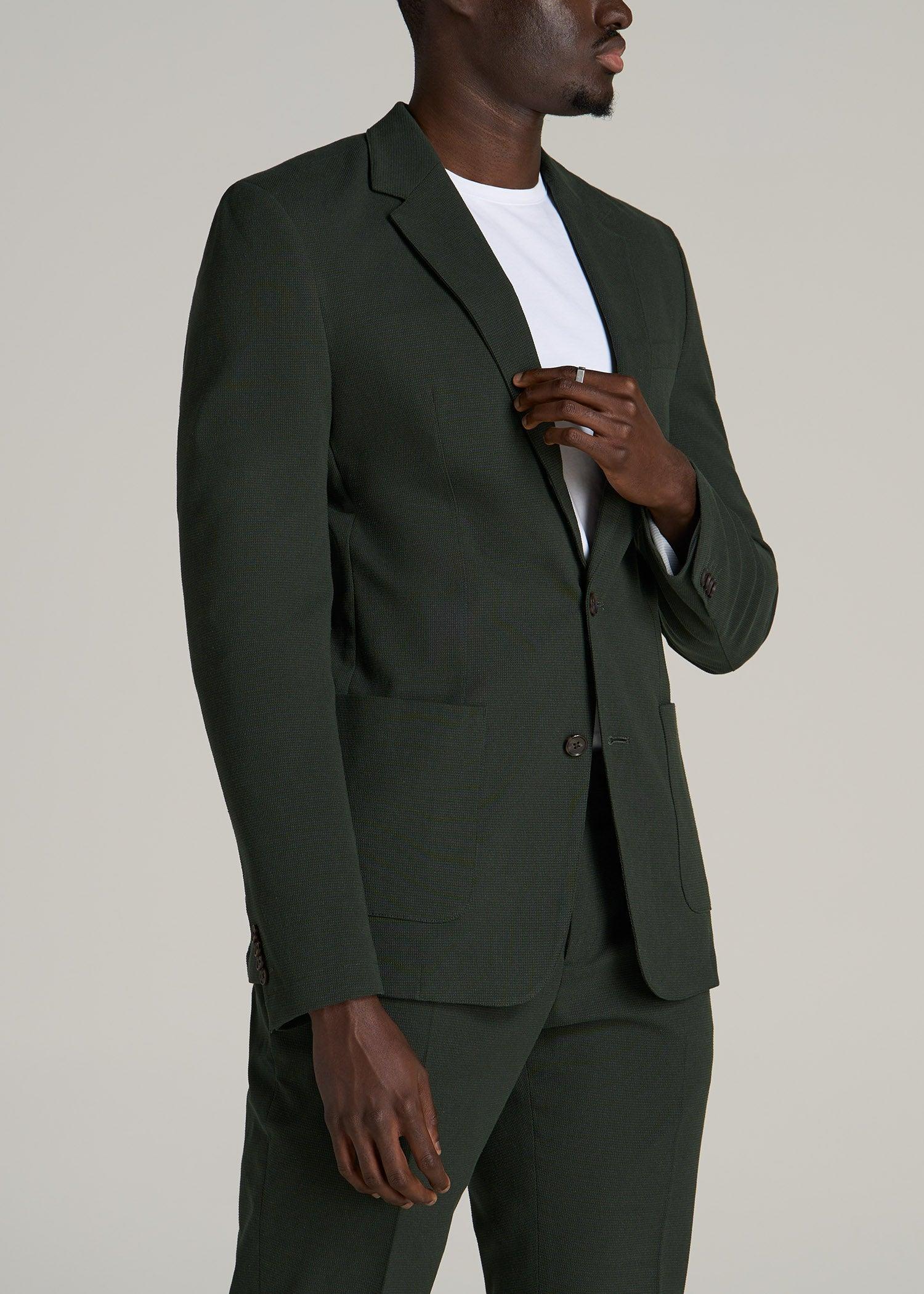Textured Garment Washed Stretch Cotton Tall Blazer in Dark Olive Green Product Image