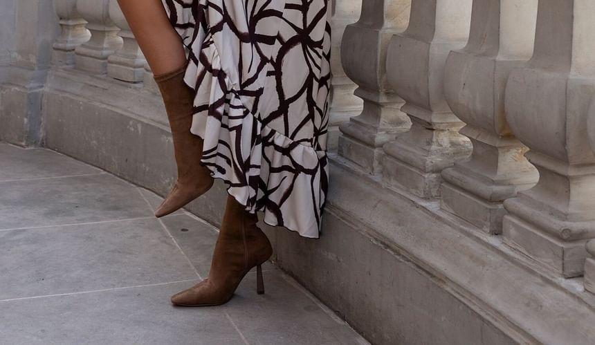 Long-Sleeve V-Neck Asymmetrical Ruffle Trim Tie Waist A-Line Wrap Dress Product Image