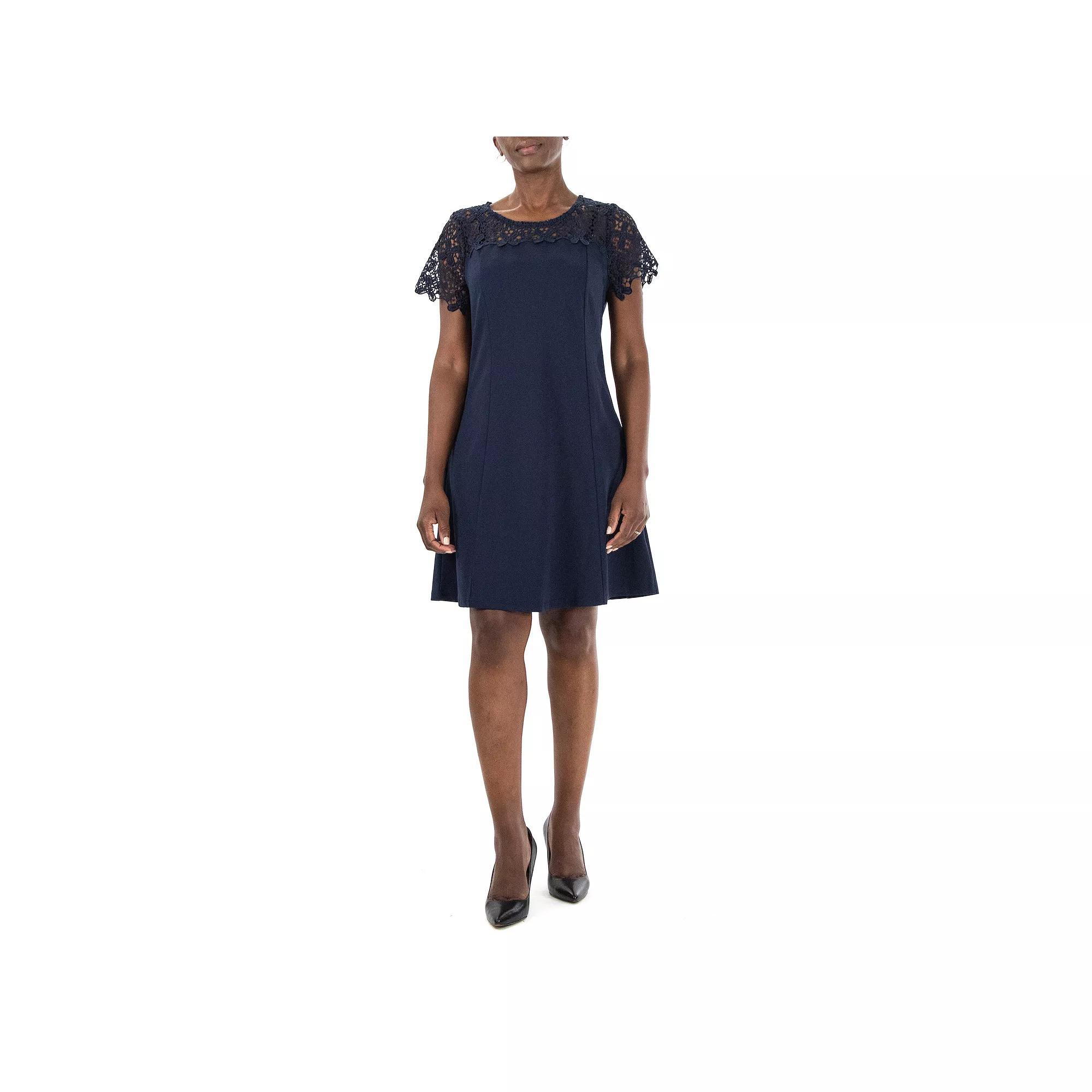 Women's Nina Leonard Lace-Yoke Cap Sleeve A-Line Dress, Size: Large, Blue Product Image