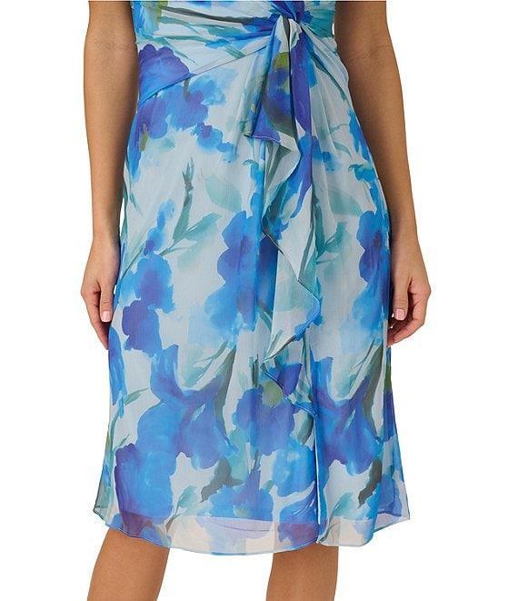 Adrianna Papell Chiffon Floral Print V Neck Sleeveless Front Drape A-Line Midi Dress Product Image
